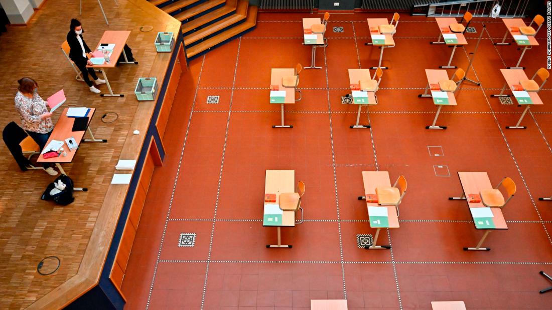 Biology teachers prepare to hold an exam at a secondary school in Berlin on April 22.